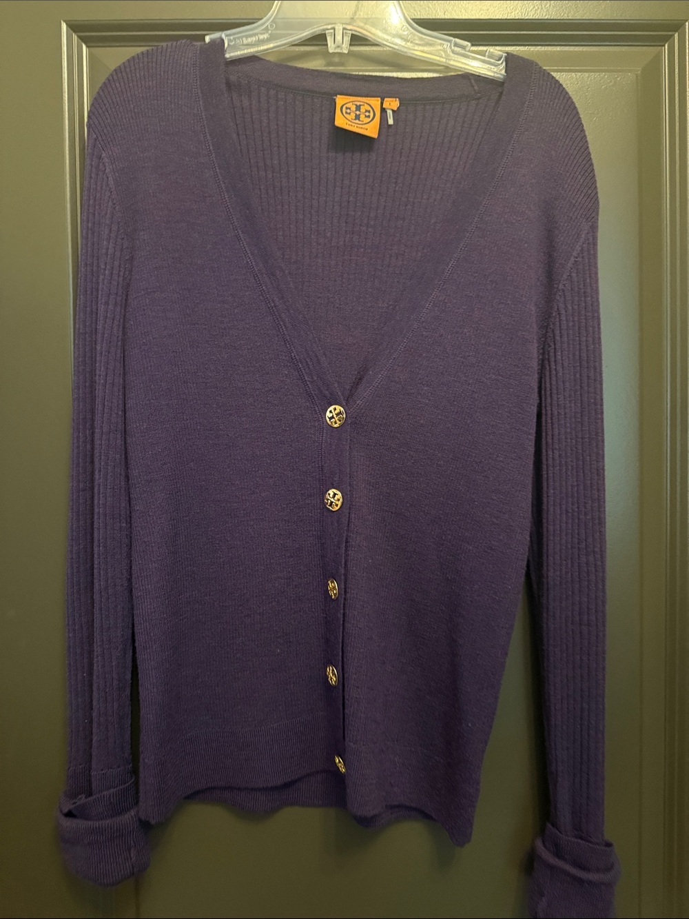 Tory Burch Purple Button-Front Ribbed V-Neck Cardigan Merino Wool